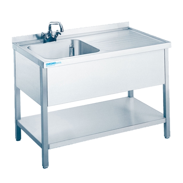 CHROMOnorm Spültisch m. 1 Becken links, mit Bodenablage